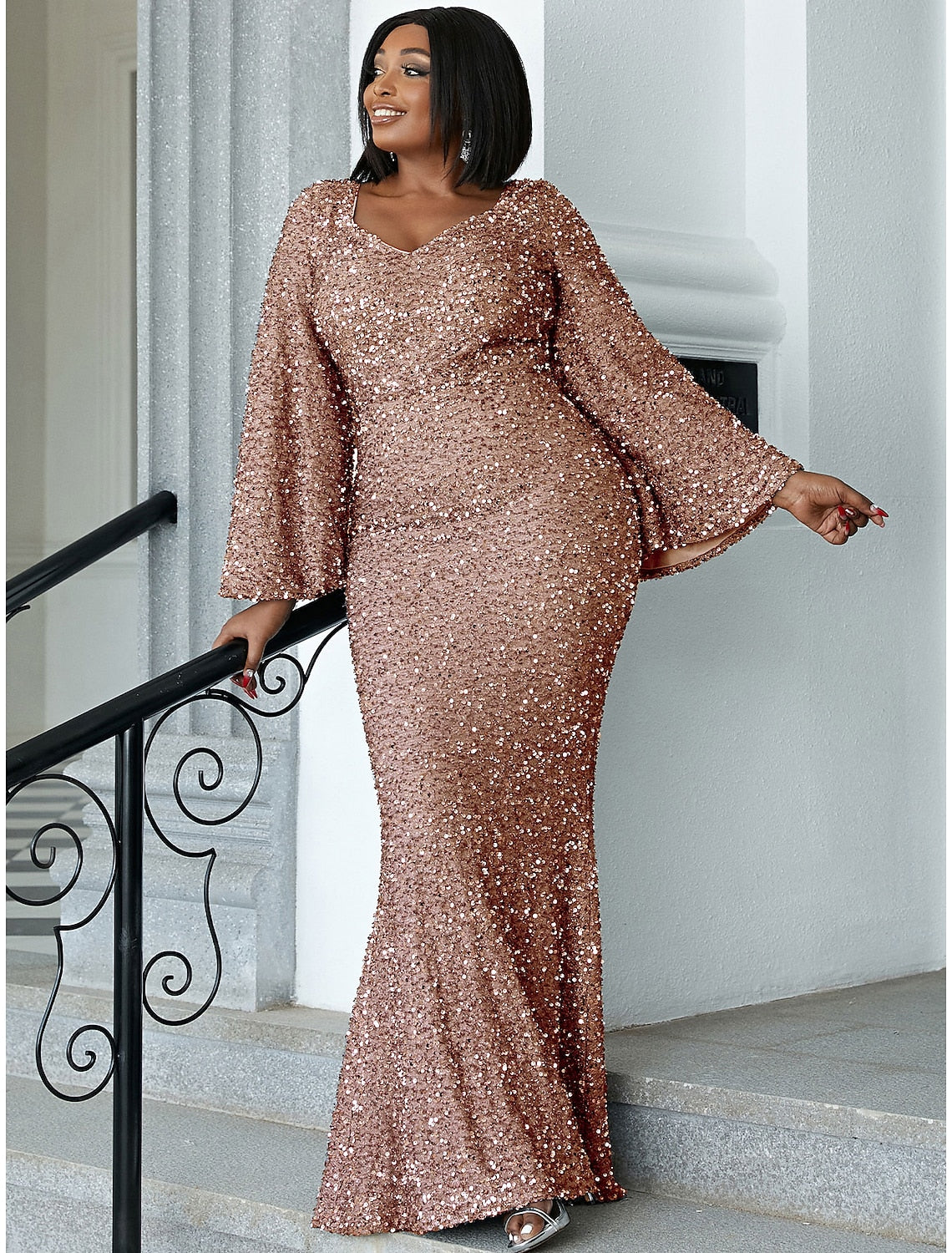 Mermaid / Trumpet Wedding Guest Dresses Plus Size Dress Cocktail Party Black Tie Floor Length Long Sleeve Scoop Neck Sequined with Glitter 2025